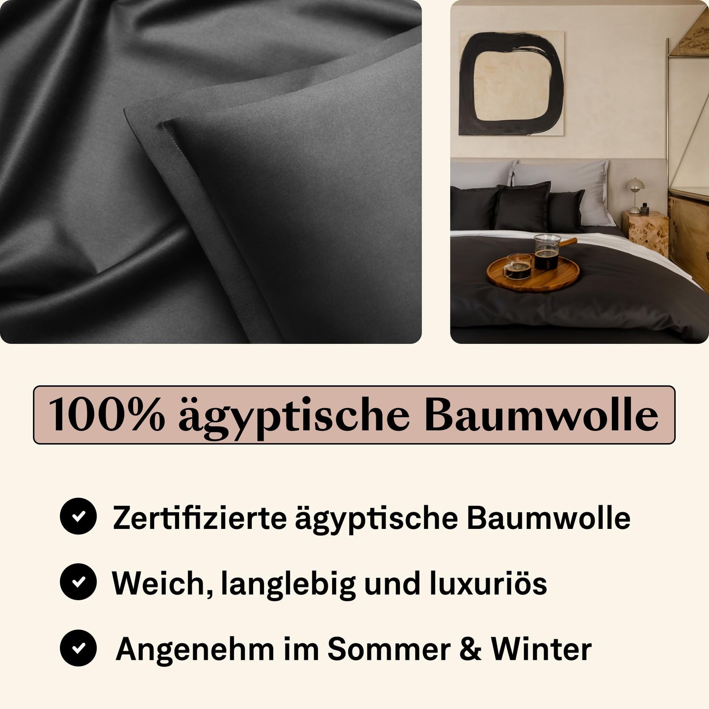 Amqua Bettdeckenbezug aus ägyptischer Baumwolle 240x220 cm, anthrazit, hochwertig, weich und pflegeleicht