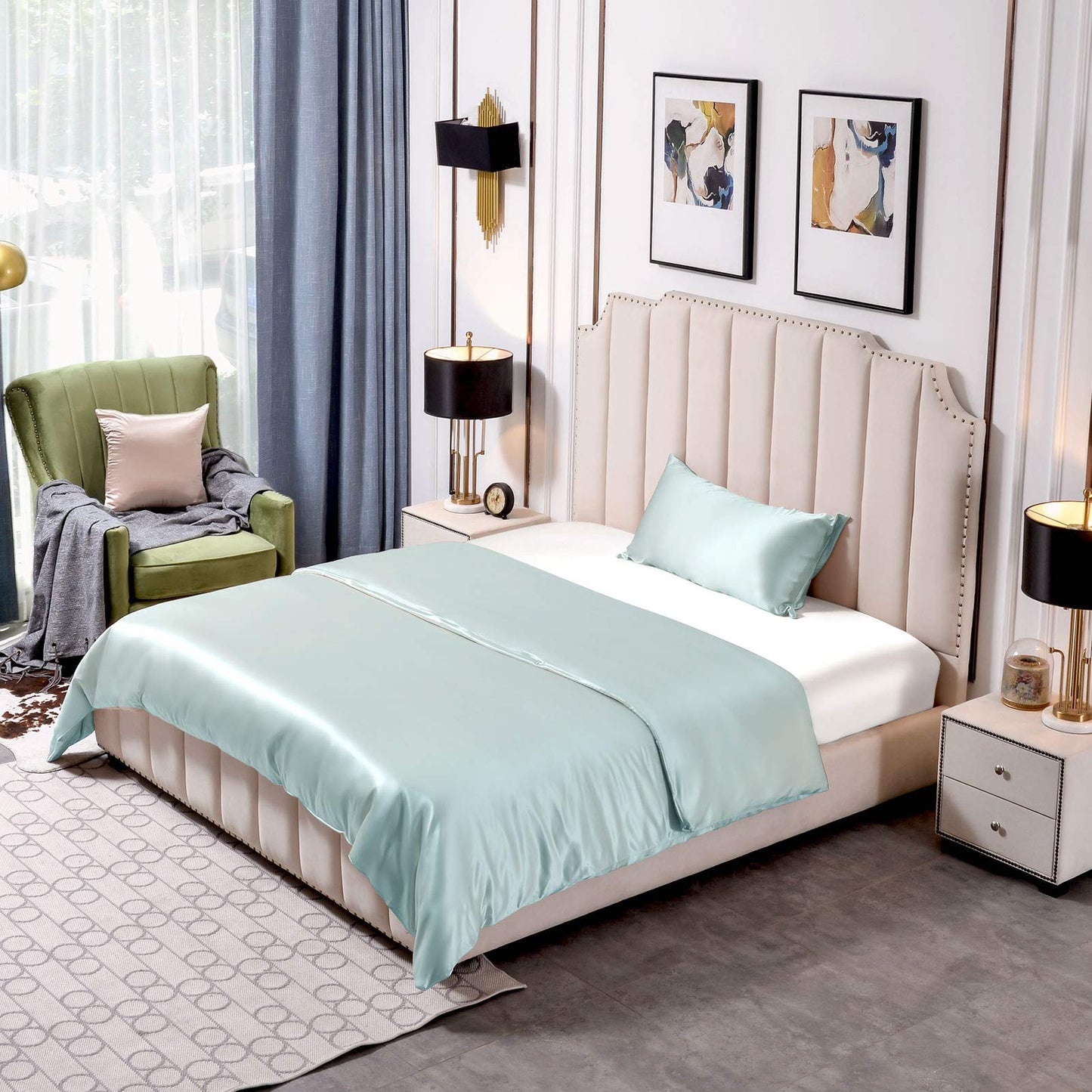 THXSILK 25 Momme Seidenbettwäsche Set 2-teilig, Bettbezug 135x200 + Kissenbezüge 40x80 cm, Hellblau, hypoallergen, ultraweich & glatt