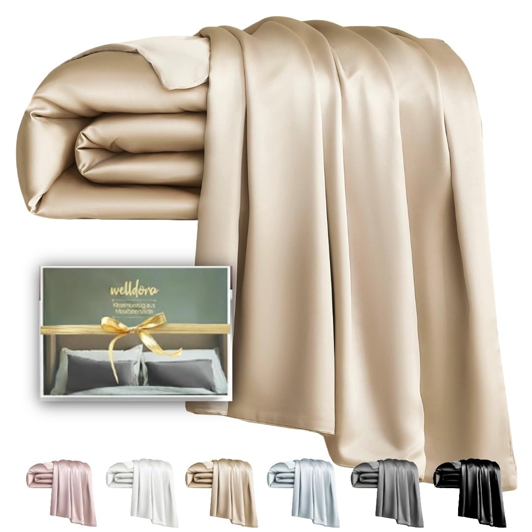 Welldora Seiden-Deckenbezug 135x200cm, 100% Seide, luxuriös weich, hypoallergen, 22 Momme, Oeko-TEX, Beigegold, höchste Qualität