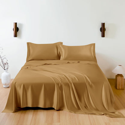 Taihu-Snow Seiden Bettwäsche Set 4-teilig, 100% 19mm Maulbeerseide, Stickerei, Luxus Schlafzimmer Set, Gold-Metallic, King Size