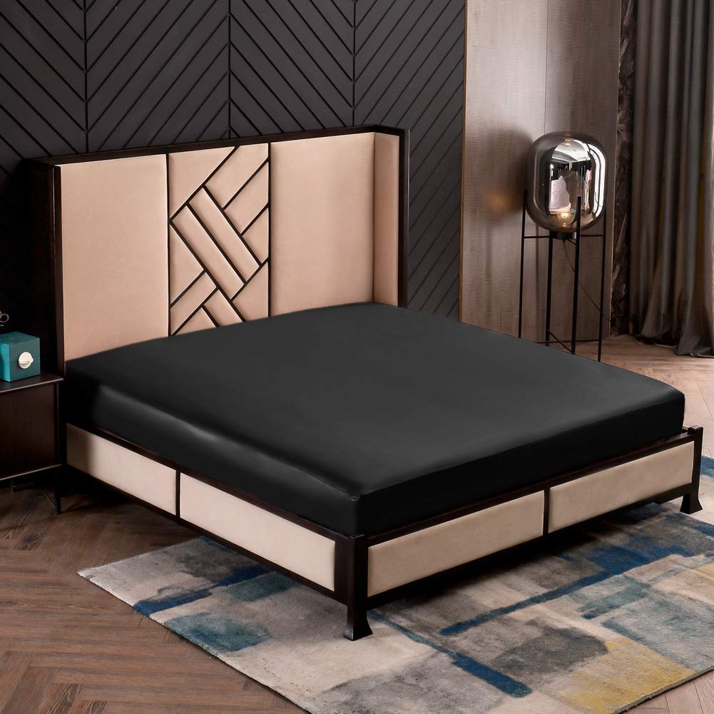 THXSILK Spannbettlaken 180x200 cm, Schwarz, 100% reine 19 Momme Maulbeerseide, Spannbetttuch für Standardmatratze, ultraweich & luxuriös