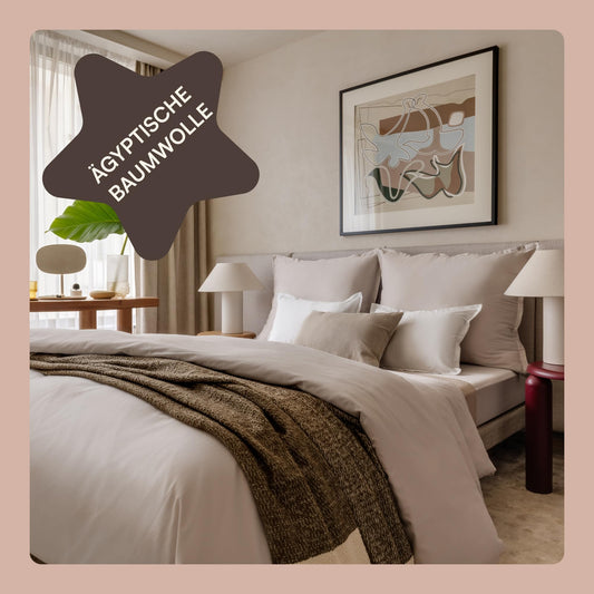 Amqua Mako Satin Bettwäsche Set 220x240cm + 2 Kissenbezüge 80x80cm, 100% ägyptische Baumwolle, Beige/Sand, Luxus & pflegeleicht