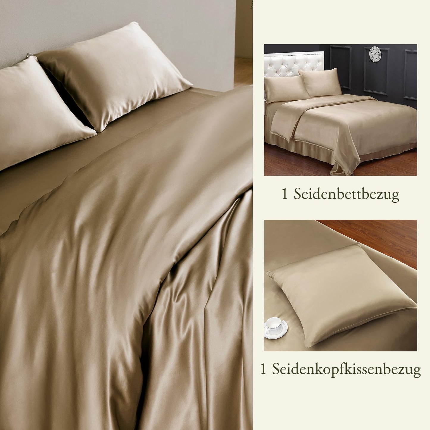 LilySilk 100% Maulbeerseide Bettwäsche-Set 2-teilig, Bettbezug 135x200 + Kissenbezug 80x80 cm, Taupe, hypoallergen, superweich & atmungsaktiv