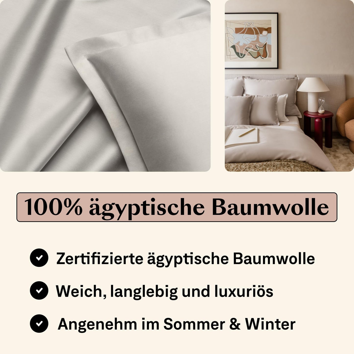Amqua Mako Satin Bettwäsche Set 220x240cm + 2 Kissenbezüge 80x80cm, 100% ägyptische Baumwolle, Beige/Sand, Luxus & pflegeleicht