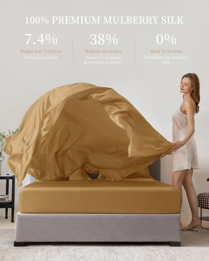 Taihu-Snow Seiden Bettwäsche Set 4-teilig, 100% 19mm Maulbeerseide, Stickerei, Luxus Schlafzimmer Set, Gold-Metallic, King Size