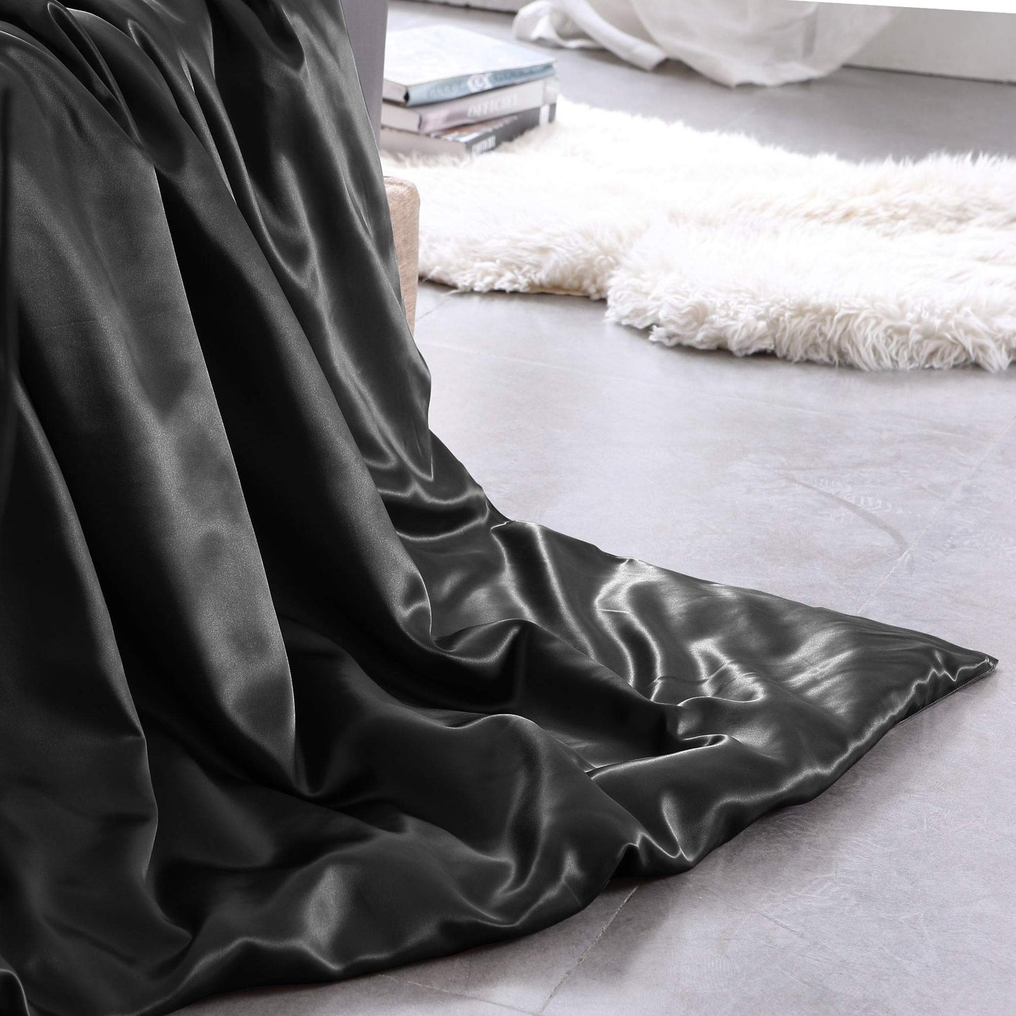 THXSILK Seidenbettwäsche Set 2-teilig, Bettbezug 135x200 + 80x80 cm Kissenbezug, 19 Momme, Hypoallergen, Schwarz, ultraweich & glatt