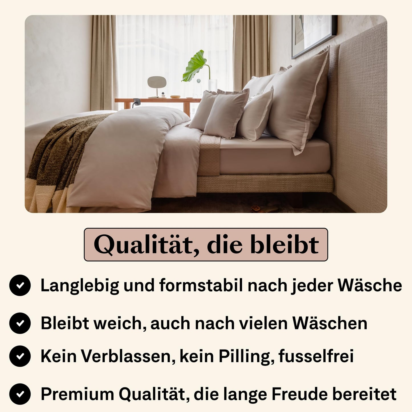 Amqua Mako Satin Bettwäsche Set 220x240cm + 2 Kissenbezüge 80x80cm, 100% ägyptische Baumwolle, Beige/Sand, Luxus & pflegeleicht